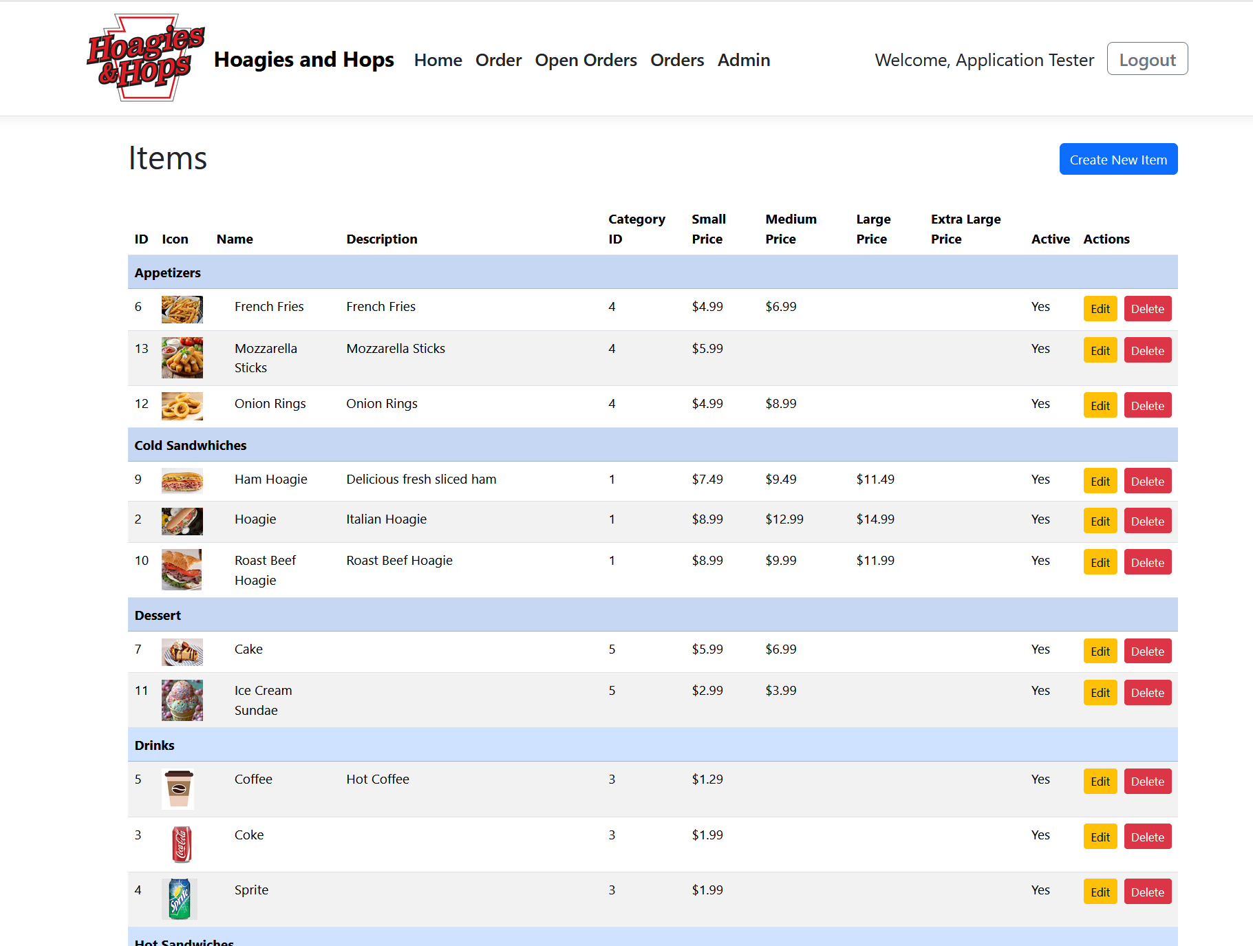 Admin menu management interface