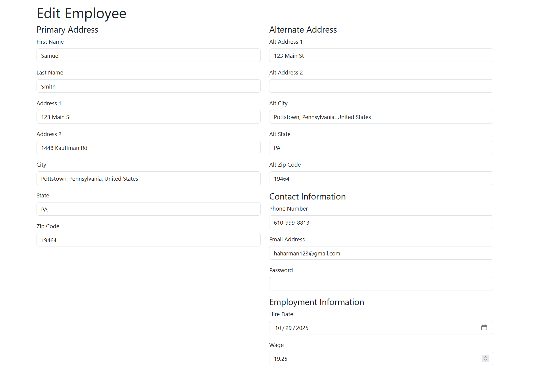 Employee profile editing screen
