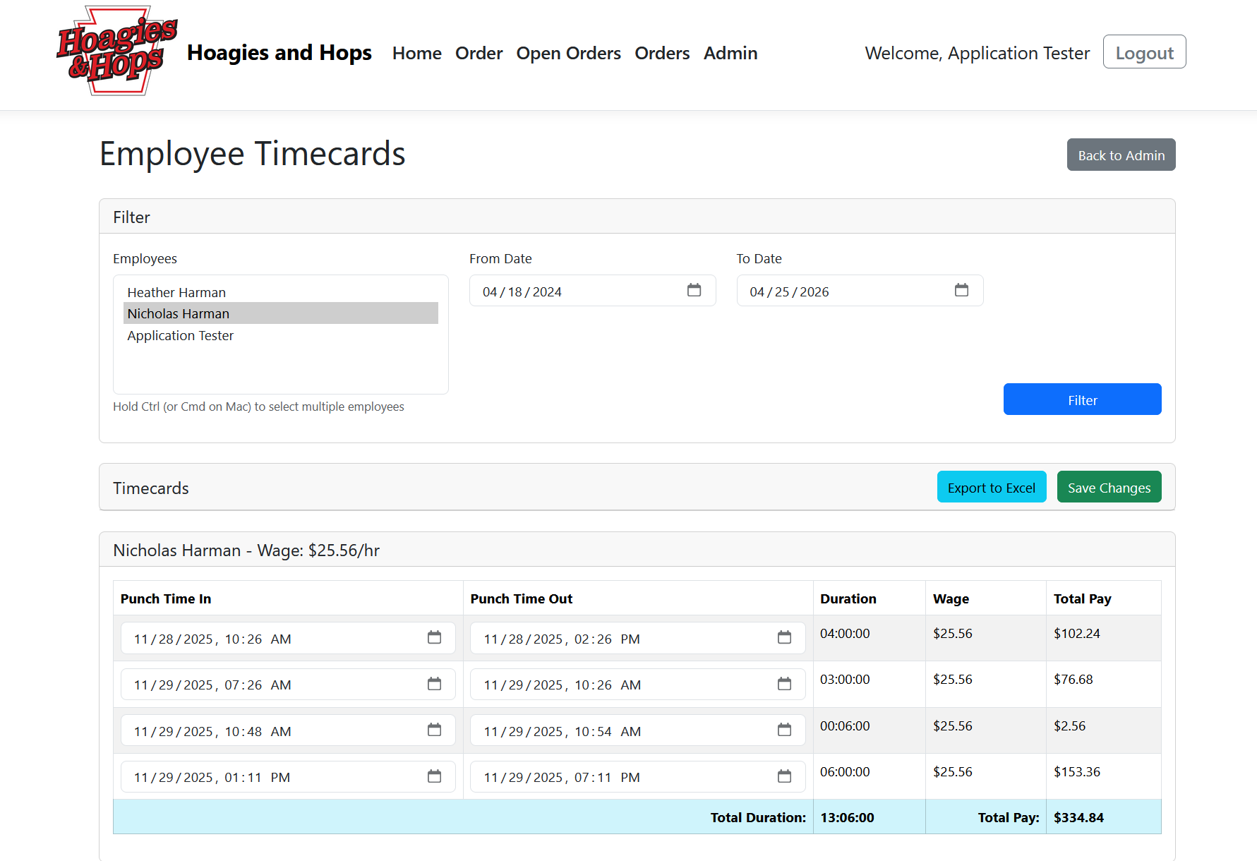 Employee time card administration screen