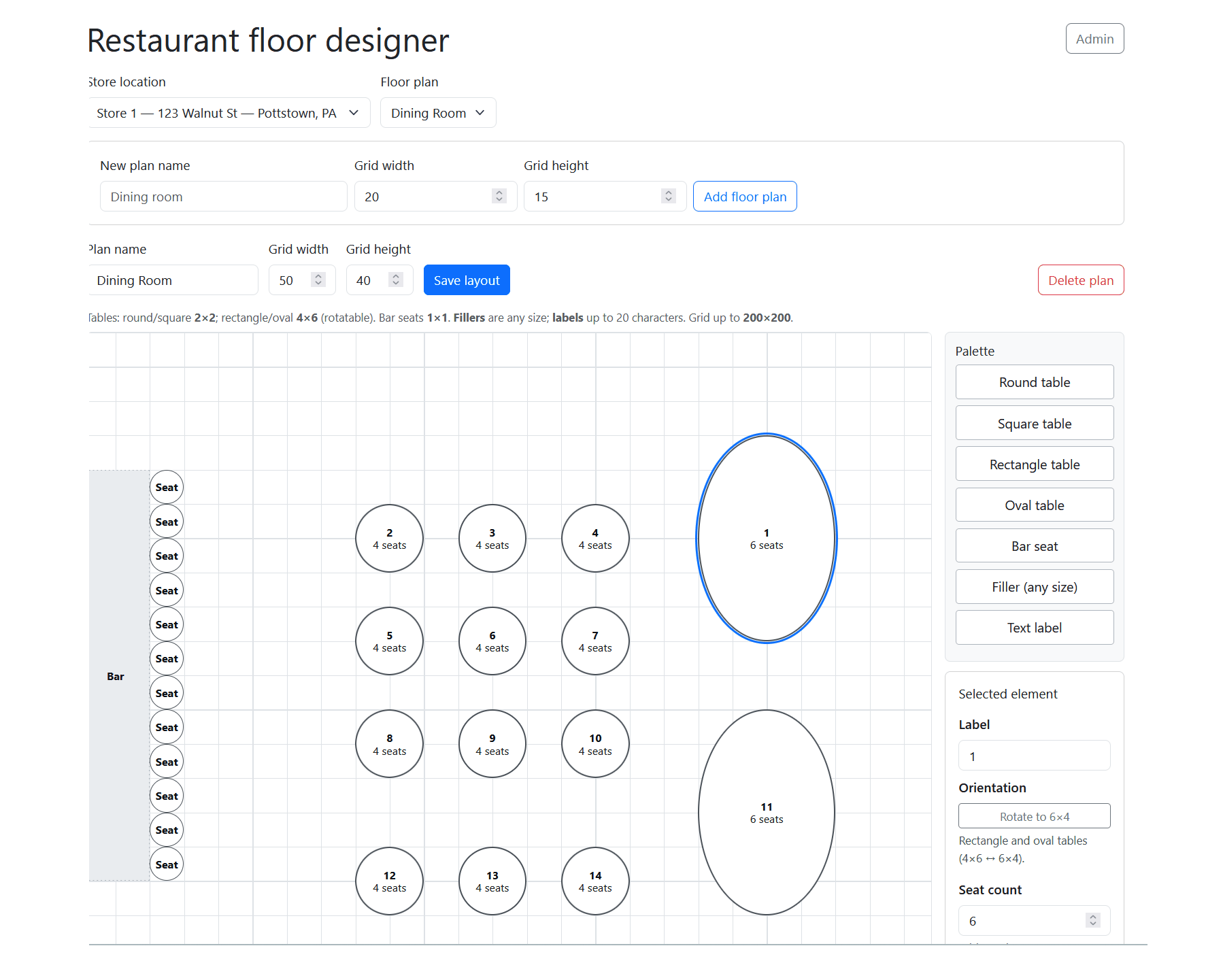 Restaurant floor designer — drag-and-drop floor layout (animated)
