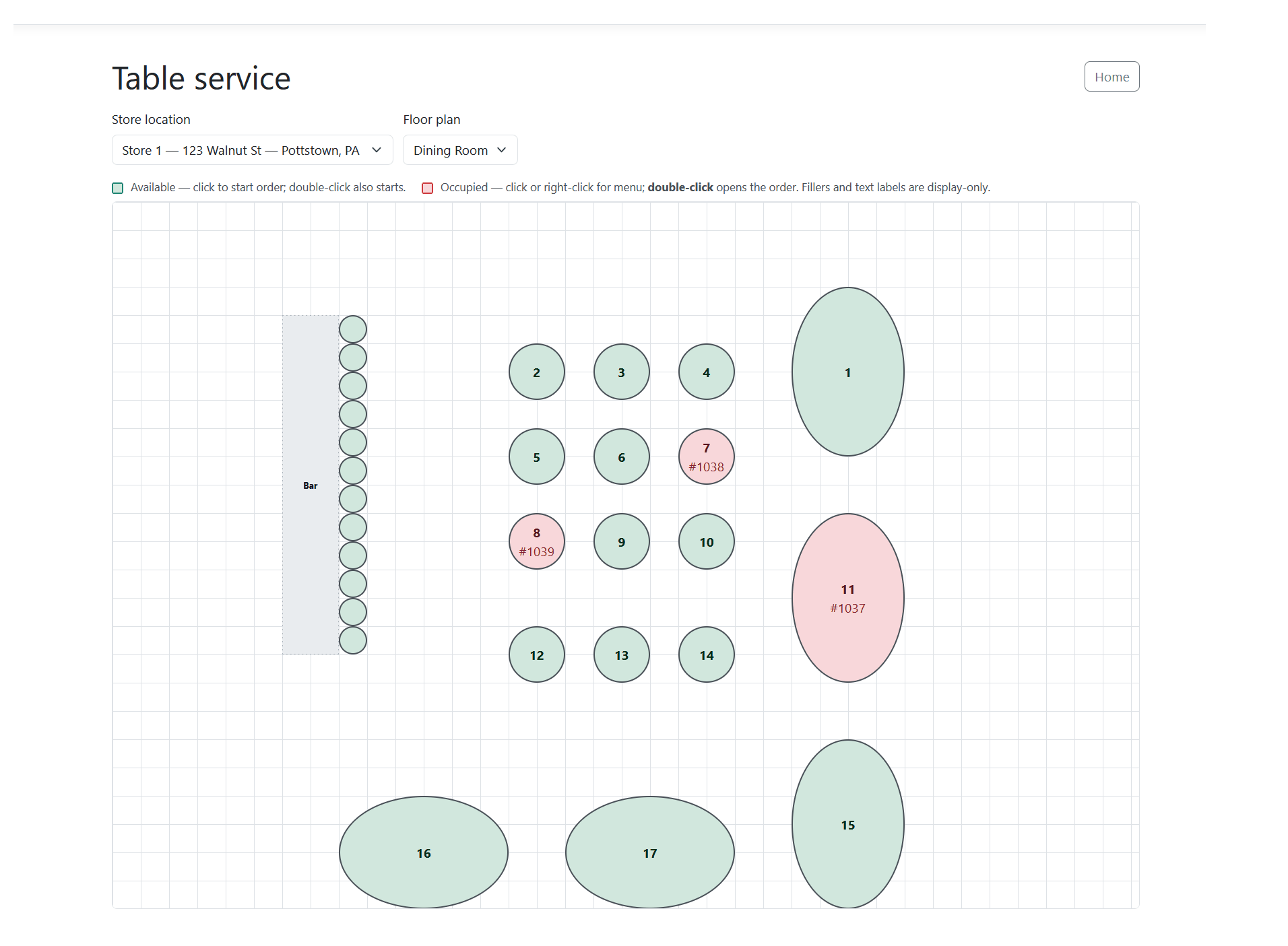 Table service floor plan — start and manage dine-in orders (animated)